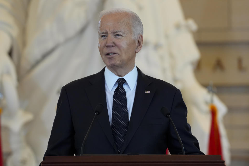 President Joe Biden speaks at the U.S. Holocaust Memorial Museum's Annual Days of Remembrance ceremony at the U.S. Capitol, Tuesday, May 7, 2024 in Washington. (AP Photo/Evan Vucci)