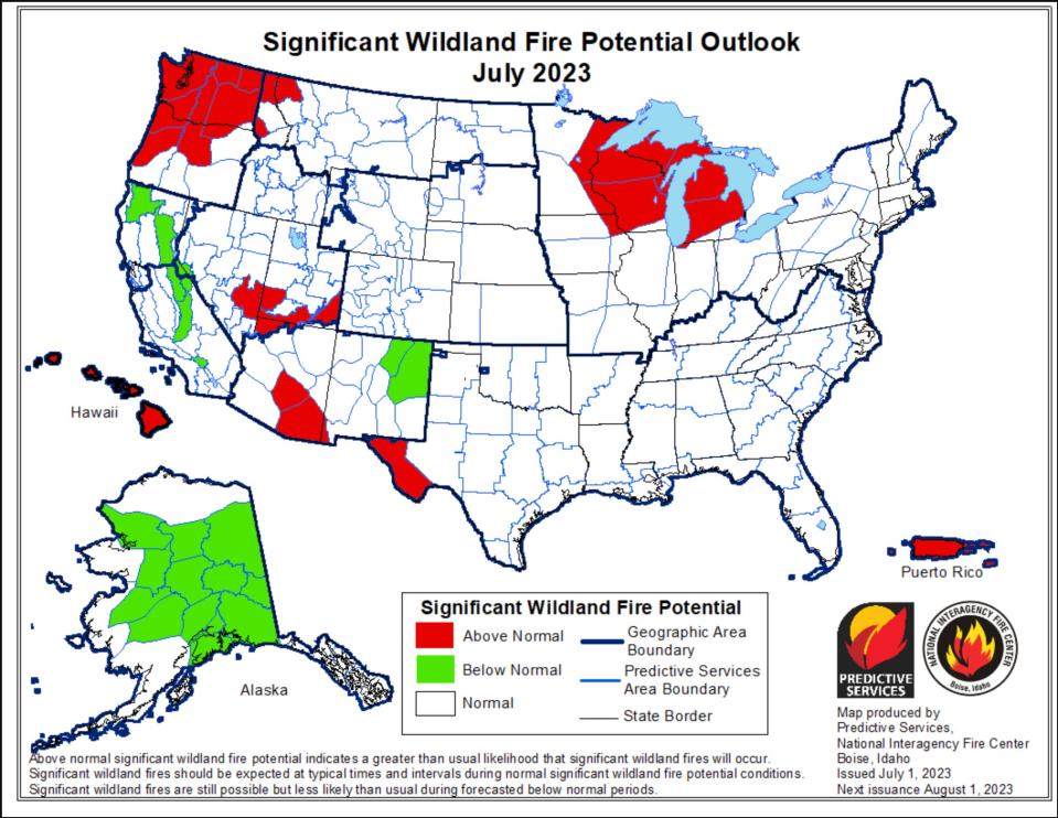 Oregon's wildfire danger grew for July across parts of the state.