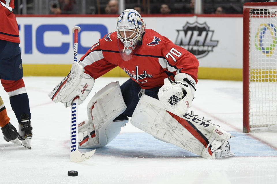 Washington Capitals goaltender Braden Holtby (70) watches the puck during the first period of an NHL hockey game against the Anaheim Ducks, Monday, Nov. 18, 2019, in Washington. (AP Photo/Nick Wass)