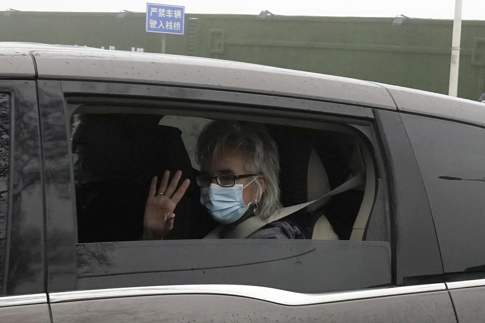 Marion Koopmans of a World Health Organization team arrives at the Hubei Center for Disease Control and Prevention in Wuhan in central China's Hubei province Monday, Feb. 1, 2021. The WHO mission team investigating the origins of the coronavirus pandemic in Wuhan. (AP Photo/Ng Han Guan)