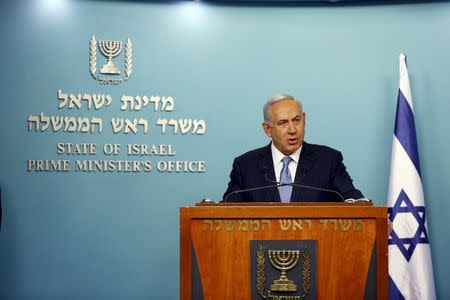 Israel's Prime Minister Benjamin Netanyahu speaks during a news conference at his office in Jerusalem December 7, 2015. REUTERS/Ronen Zvulun