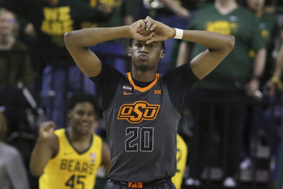 Oklahoma State guard Keylan Boone reacts to a turnover in the second half of the team's NCAA college basketball game against Baylor on Saturday, Feb. 8, 2020, in Waco, Texas. (AP Photo/Rod Aydelotte)