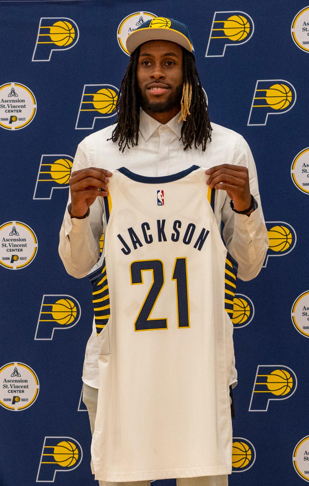 Indiana Pacers rookie Isaiah Jackson poses during a press conference at Ascension St. Vincent Center in Indianapolis, Friday, July 30, 2021.