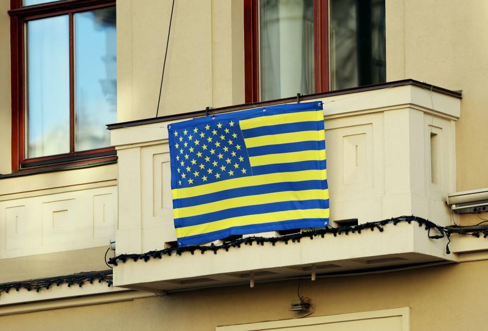 A flag representing America’s support of Ukraine hangs on the balcony of an apartment in Lviv Oblast of western Ukraine on Friday, May 5, 2023. | Scott G Winterton, Deseret News