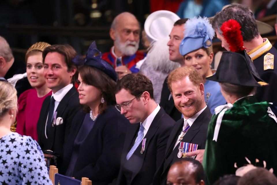 Prince Harry was seated in the third row for the crowning of Charles and the duke’s stepmother the Queen in Westminster Abbey, and was placed two rows behind his brother the Prince of Wales (Getty Images)