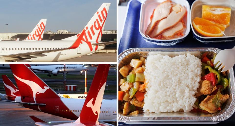 Composite image of Qantas and Virgin planes and airline food.