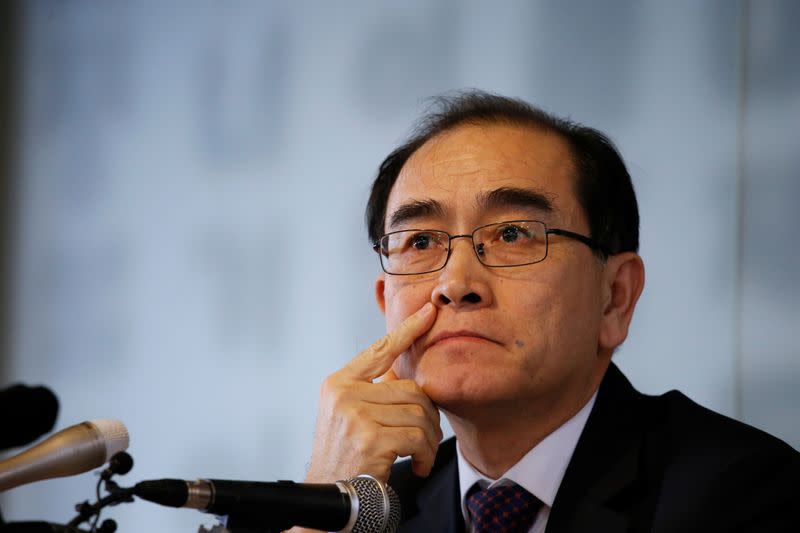 Thae Yong Ho, North Korea's former deputy ambassador to Britain, speaks during a news conference, ahead of the country's general election in April, in Seoul