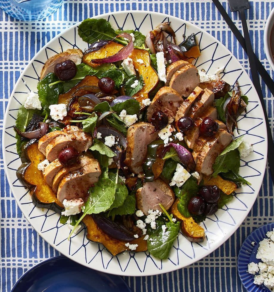 23) Roasted Squash, Pork, and Kale Salad With Cherries