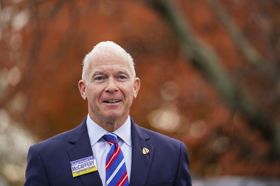 Daniel McCaffery, Democratic candidate for Pennsylvania Supreme Court judge, arrives at his polling place to vote in Philadelphia, Tuesday, Nov. 7, 2023. (AP Photo/Matt Rourke)