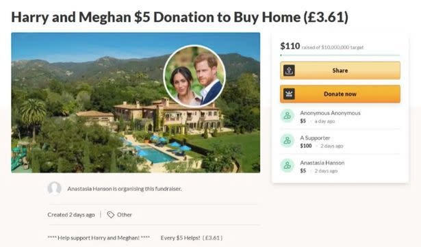 A woman in California has set up a GoFundMe page to raise money for Harry and Meghan's multi-million dollar mortgage. Photo: GoFundMe.