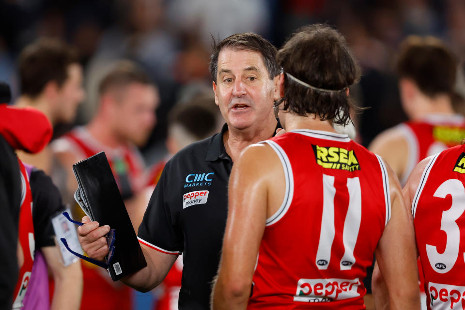 Seen here, St Kilda coach Ross Lyon addressing his players during the round six AFL clash against Carlton at Marvel Stadium. 