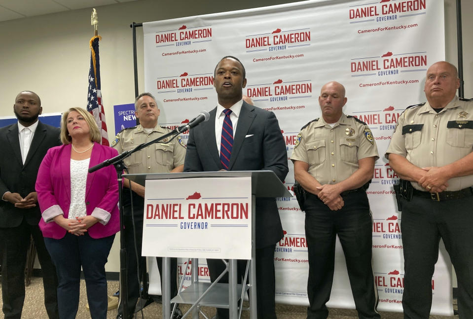 Kentucky Republican gubernatorial nominee Daniel Cameron unveils his public safety plan for Kentucky during a news conference, Tuesday, July 11, 2023, in Louisville, Ky. Cameron is challenging Democratic Gov. Andy Beshear in this year's election. (AP Photo/Bruce Schreiner)