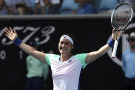 Tunisia's Ons Jabeur celebrates after defeating China's Wang Qiang in their fourth round singles match at the Australian Open tennis championship in Melbourne, Australia, Sunday, Jan. 26, 2020. (AP Photo/Dita Alangkara)