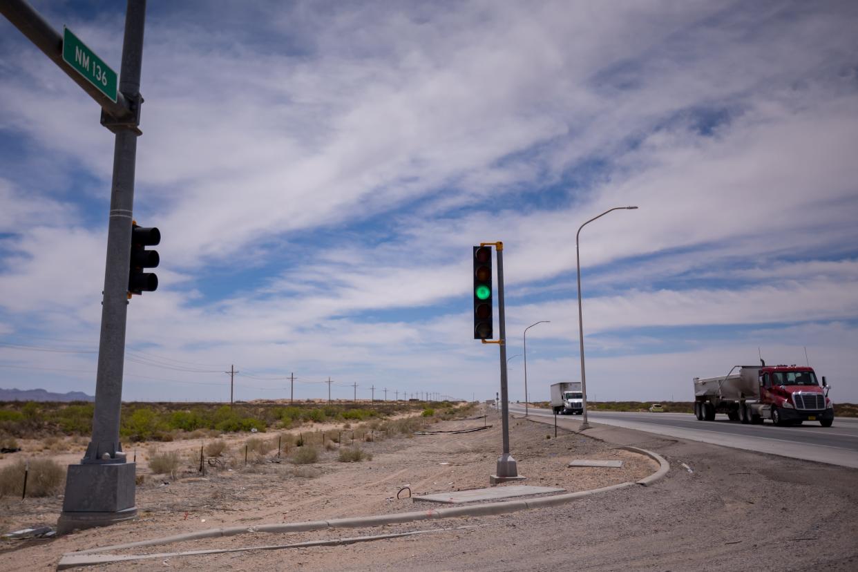 The vacant land, left, at Strauss Road, bottom, and Pete Domenici Highway, right, shown on April 24, 2024, is to be part of Alta Mesa Estates in Santa Teresa, New Mexico.