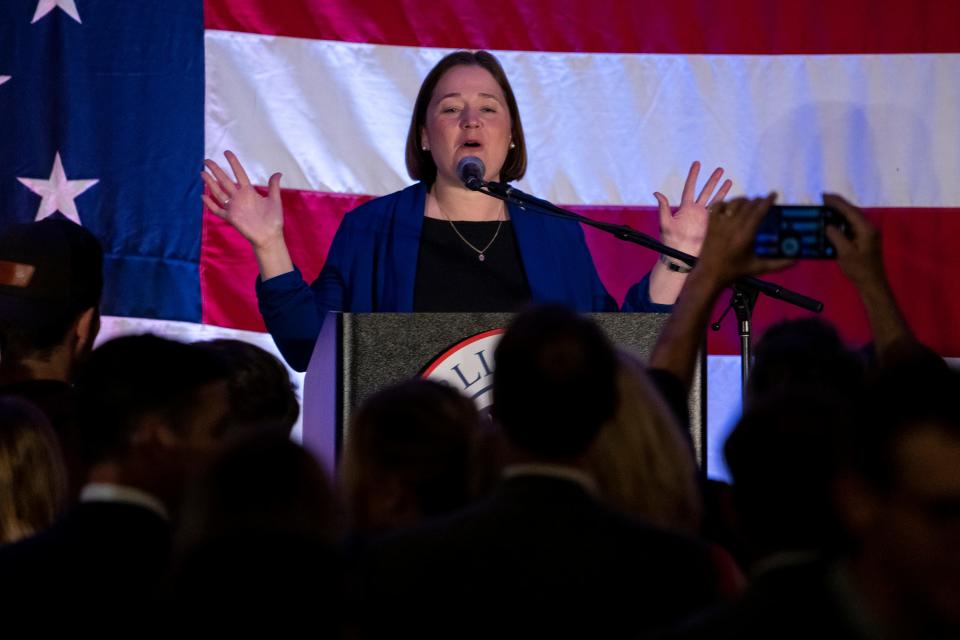 Iowa Attorney General Elect Brenna Bird gives her victory speech during the Iowa GOP election night celebration, on Tuesday, Nov. 8, 2022, at the Hilton hotel in Downtown Des Moines. 