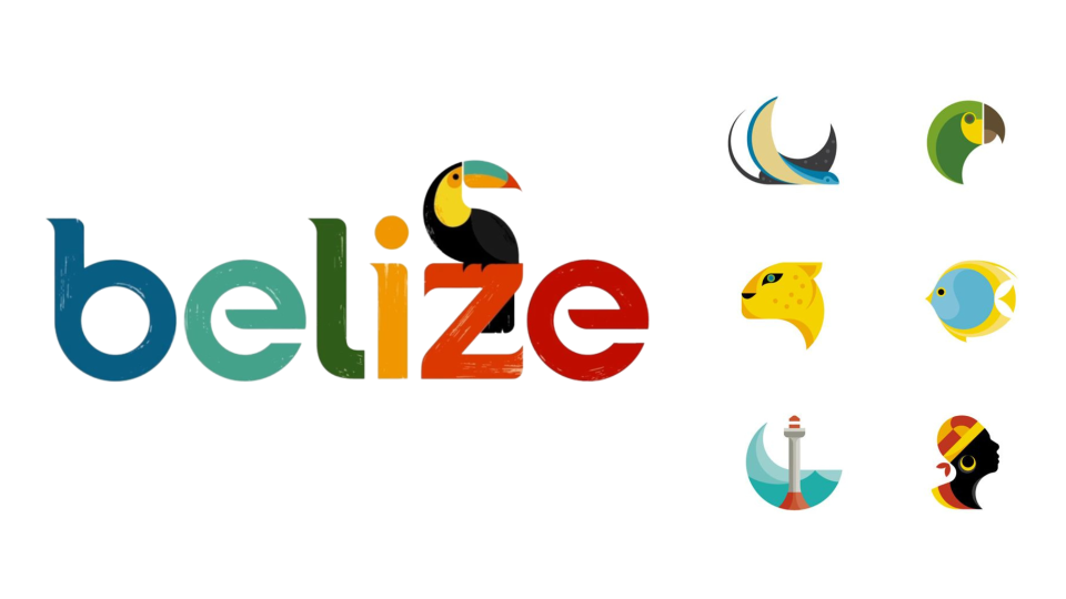 Belize Tourist Board logo in bright colours with toucan; range of different icons on the right to accompany it, such as a lighthouse and a fish.