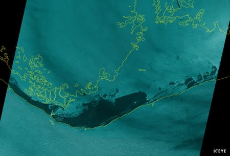 Satellite radar image of Grand Bahama during Hurricane Dorian with large portions being flooded due to storm surge