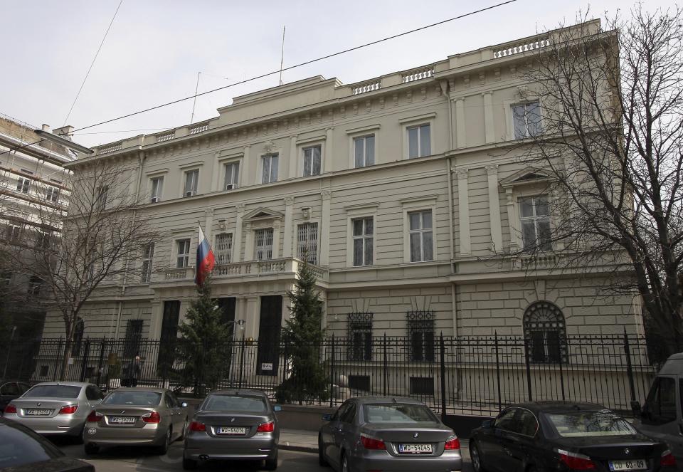 FILE - Outside view of the Russian embassy in Vienna, Austria, on March 19, 2010. Austria faces its biggest espionage scandal in decades as the arrest of a former intelligence officer brings to light evidence of extensive Russian infiltration, lax official oversight and behavior worthy of a spy novel. (AP Photo/Ronald Zak, File)