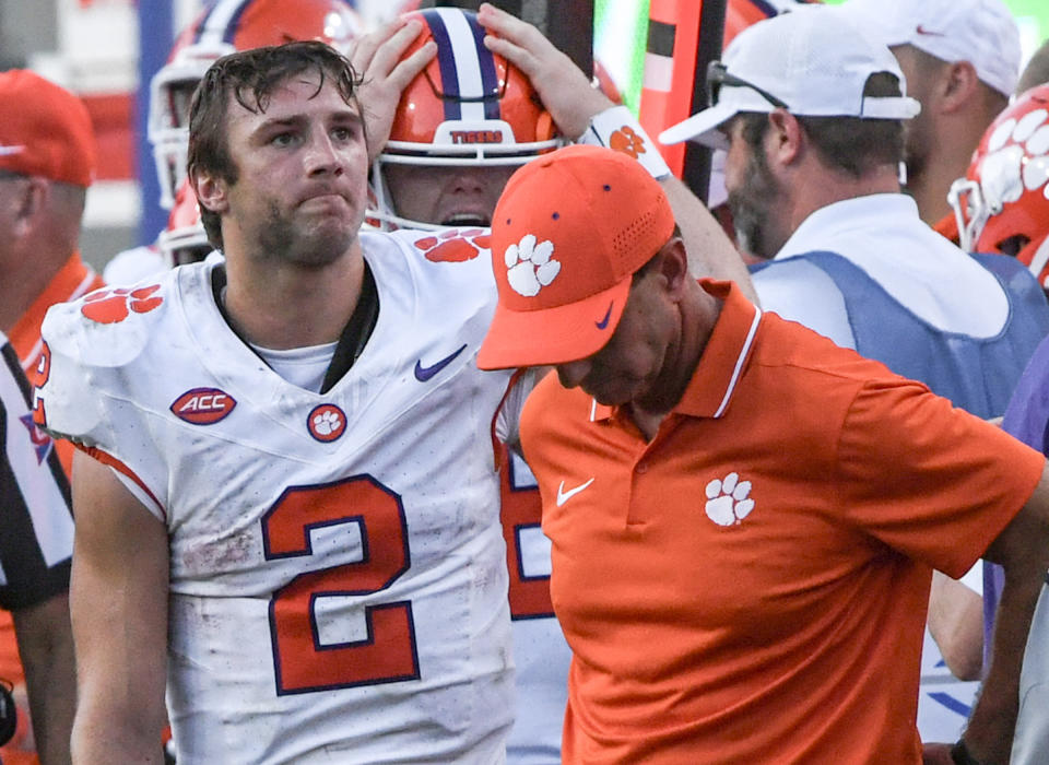 Clemson quarterback Cade Klubnik (left) and coach Dabo Swinney are trying to turn things around amid a shaky season. (Ken Ruinard-USA TODAY Sports)