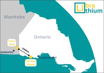 Figure 1: Map showing Flanders District regional location relative to the operating Tanco Li-Cs-Ta mine(4) (CNW Group/Libra Lithium)