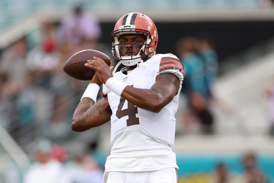 Cleveland Browns quarterback Deshaun Watson warms up before a preseason game Friday in Jacksonville.
