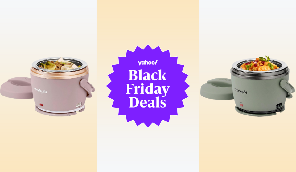 the crock-pot electric lunch box in two colors with a badge that says Yahoo! Black Friday Deals