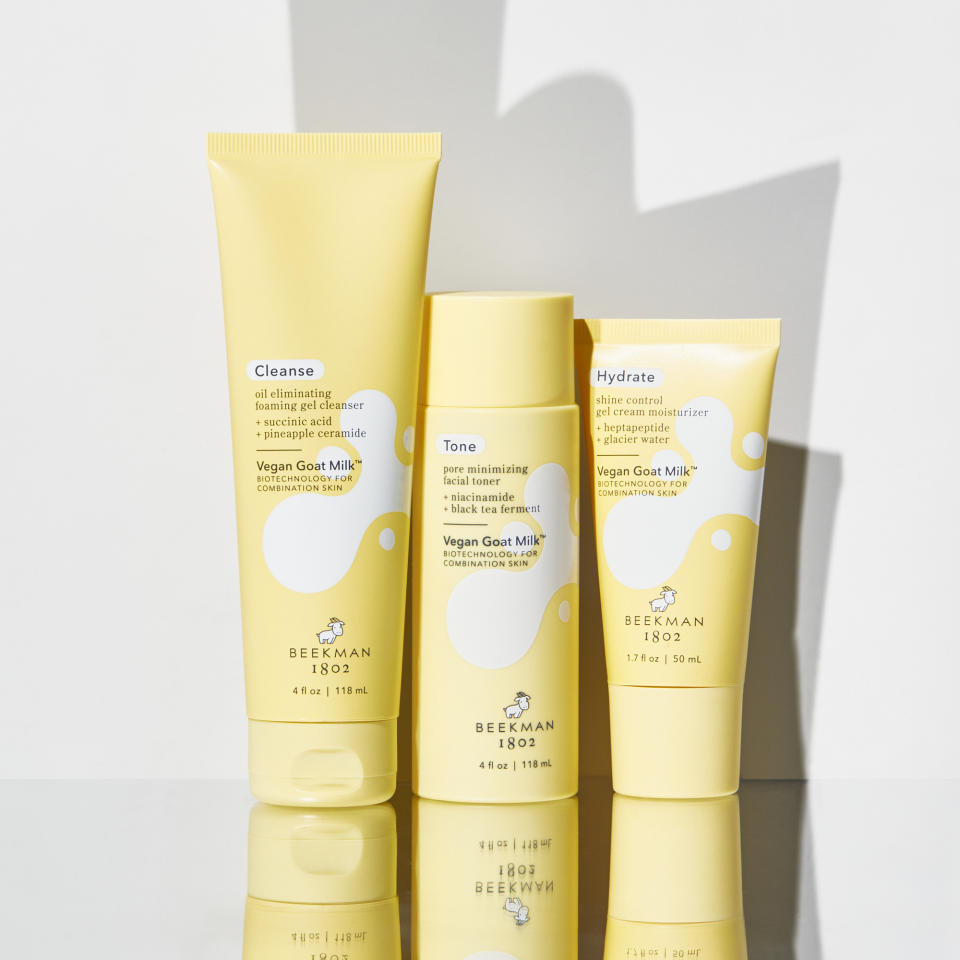 Beekman 1802 Shine-Free collection, including cleanser, toner and moisturizer. 