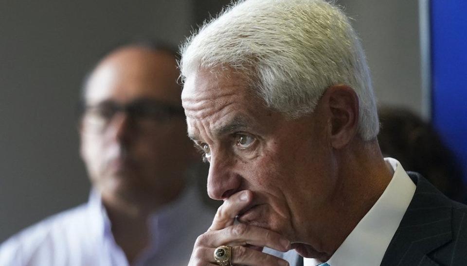 Charlie Crist, Democratic gubernatorial nominee, listens to questions during a news conference on Sept. 2, 2022, in Miami.