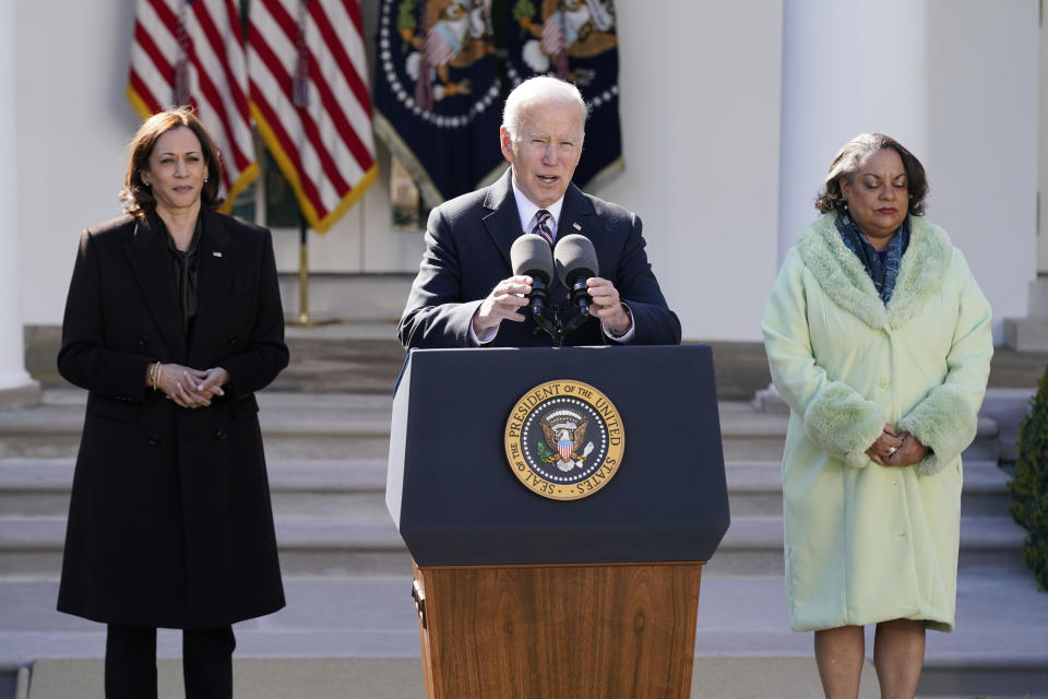 President Joe Biden speaks after signing the Emmett Till Anti-Lynching Act in the Rose Garden of the White House, Tuesday, March 29, 2022, in Washington. Vice President Kamala Harris, left, and Michelle Duster, great-granddaughter of civil rights pioneer Ida B. Wells look on. / Credit: Patrick Semansky / AP