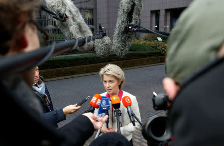 German Defence Minister Ursula von der Leyen briefs the media as she arrives at a European defence ministers meeting in Brussels, Belgium, November 15, 2016. REUTERS/Francois Lenoir