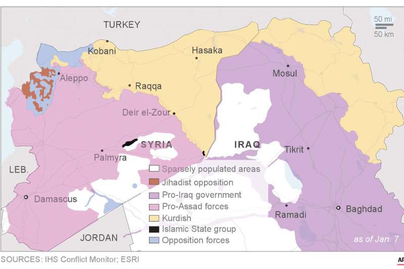 2019年初的敘利亞與伊拉克情勢，黑色部分即為伊斯蘭國的最後據點（AP）