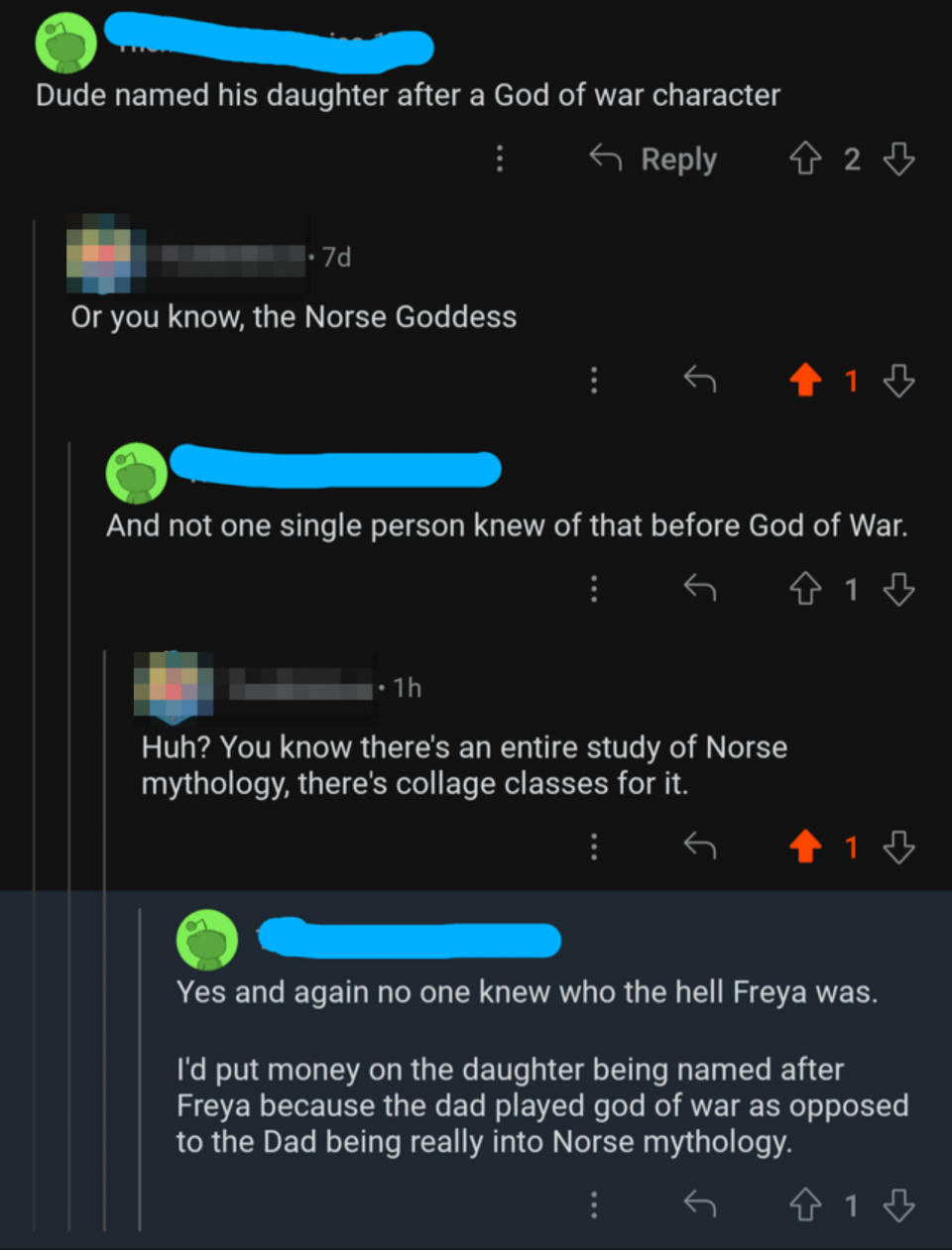 Someone makes fun of a father for naming his daughter after a God of War character, a responder points out Freya is from Norse mythology, and the first person says "not a single person knew that before God of War"