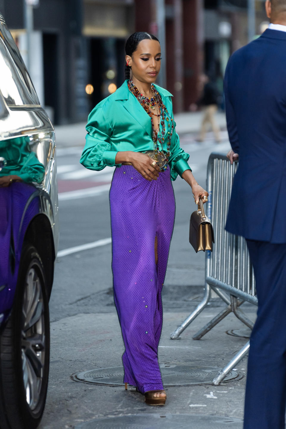 Kerry Washington in New York City at Ralph Lauren fashion wearing Jimmy Choo platform sandals.