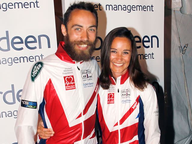 <p>Paul Morigi/WireImage</p> Pippa Middleton poses for a photo with her brother, James Middleton, after finishing the Race Across America in June 2014 in Annapolis, Maryland
