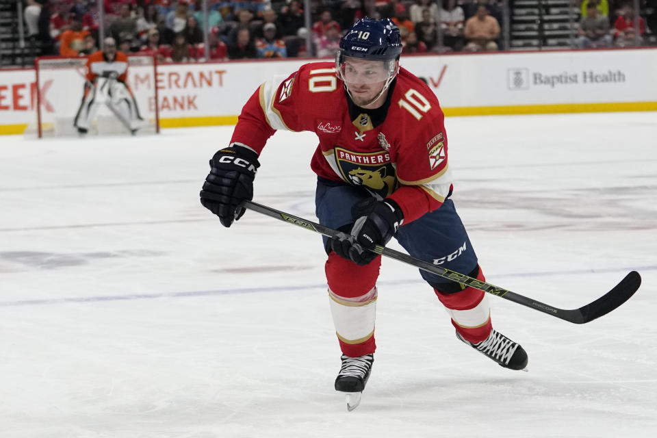 Florida Panthers right wing Vladimir Tarasenko (10) skates on the ice during the first period of an NHL hockey game against the Philadelphia Flyers, Thursday, March 7, 2024, in Sunrise, Fla. (AP Photo/Lynne Sladky)