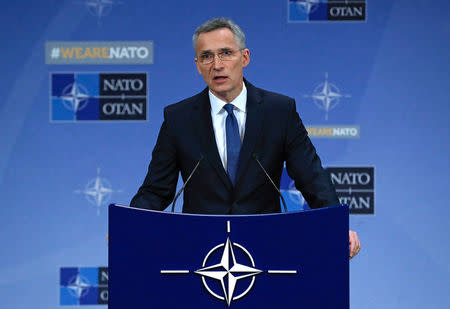 NATO Secretary-General Jens Stoltenberg addresses a news conference at the Alliance headquarters in Brussels, Belgium, March 15, 2018. REUTERS/Yves Herman