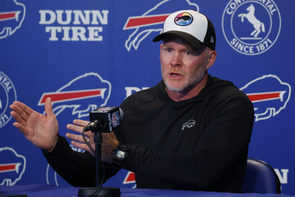 Buffalo Bills head coach Sean McDermott addresses the media prior to NFL football practice in Orchard Park, N.Y., Tuesday June 13, 2023. (AP Photo/Jeffrey T. Barnes)