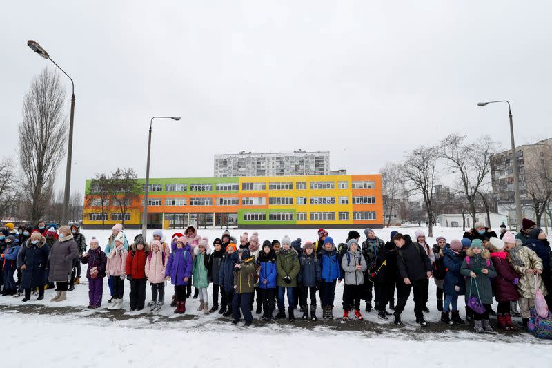 Schoolchildren and teachers attend bomb threat and emergency training in Kyiv