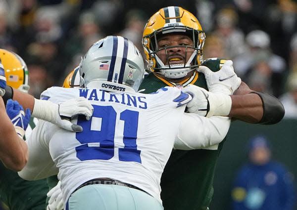 Green Bay Packers guard Elgton Jenkins is one of the leaders on the offensive line. He was rated fourth for all interior linemen in ESPN's top 10 position rankings.