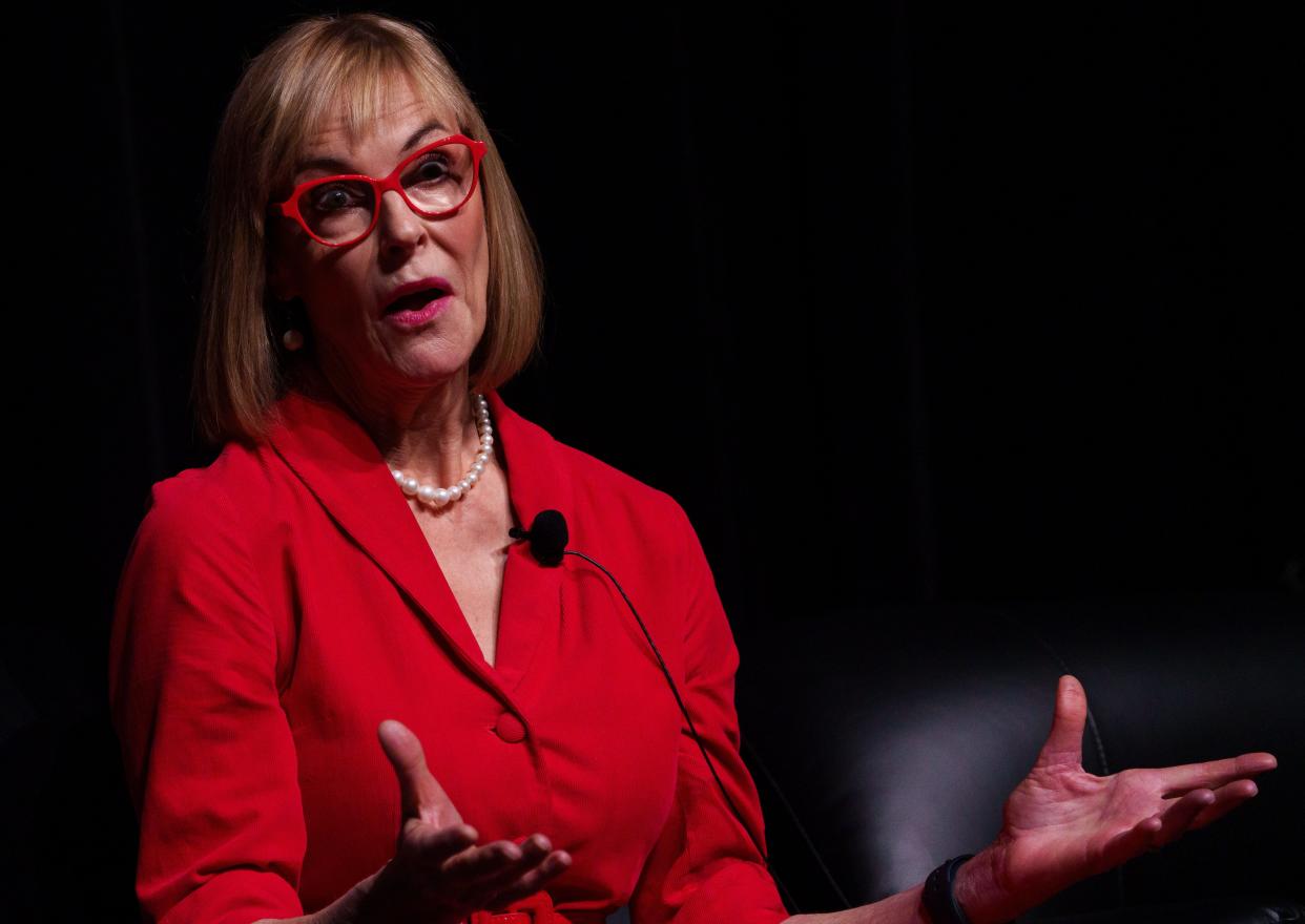 Lt. Gov. Suzanne Crouch speaks Wednesday, Dec. 13, 2023, while on a Republican gubernatorial panel during Dentons Legislative Conference at the Indiana Convention Center in Indianapolis.