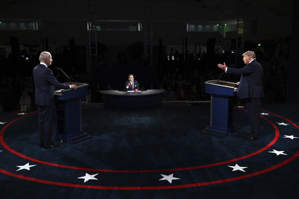 President Donald Trump and Democratic presidential candidate former Vice President Joe Biden participate in the first presidential debate Tuesday, Sept. 29, 2020, at Case Western University and Cleveland Clinic, in Cleveland, Ohio. (Olivier Douliery/Pool vi AP)