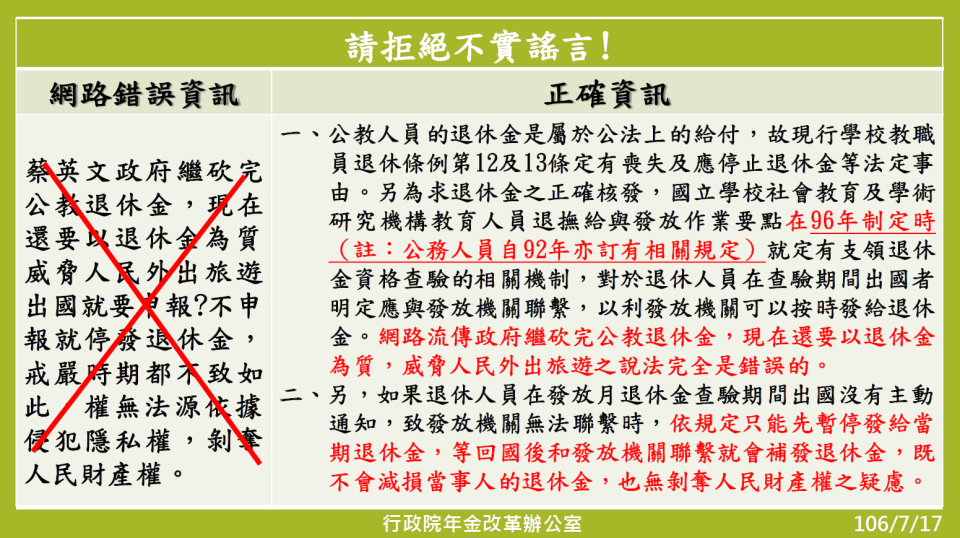 ▲針對網路謠言，年金改革委員會發出新聞稿駁斥。（圖／年金改革委員會提供 , 2017.07.17）