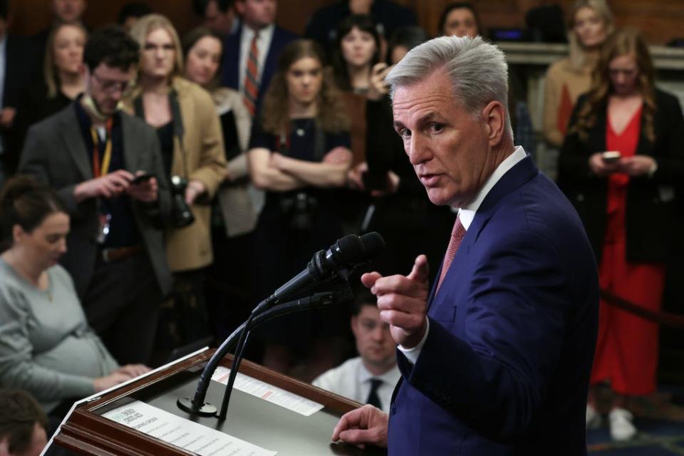 U.S. Speaker of the House Rep. Kevin McCarthy, R-Calif., speaks to members of the press during a news conference after the vote for H.R.1 – Lower Energy Costs Act at the U.S. Capitol on March 30, 2023 in Washington, DC.