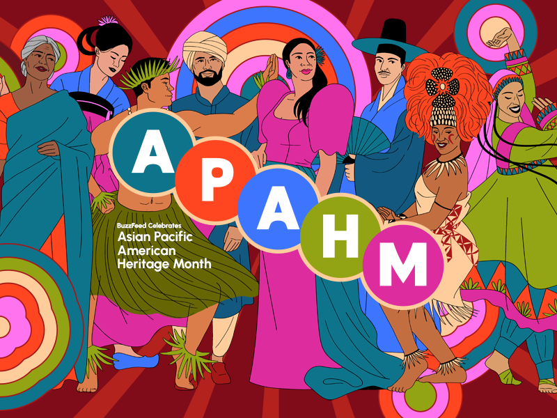 Illustration of diverse people in vibrant traditional clothing celebrating Asian Pacific American Heritage Month. Text reads "BuzzFeed Celebrates Asian Pacific American Heritage Month."