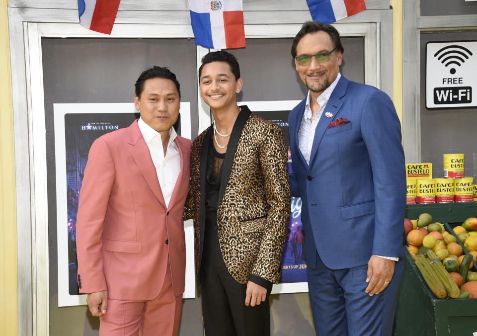 Director Jon M. Chu, left, actor Gregory Diaz IV and actor Jimmy Smits pose together at the 2021 Tribeca Film Festival opening night premiere of "In The Heights" at the United Palace theater on Wednesday, June 9, 2021, in New York. (Photo by Evan Agostini/Invision/AP)