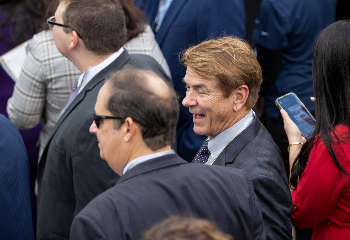 Indialantic State Rep. Thad Altman, right, speaks with former Senate President Joe Negron, the general counsel for the private prison company The Geo Group, while they attend Gov. Ron DeSantis’ inauguration ceremony on Tuesday, Jan. 3, 2023, in Tallahassee, Fla.