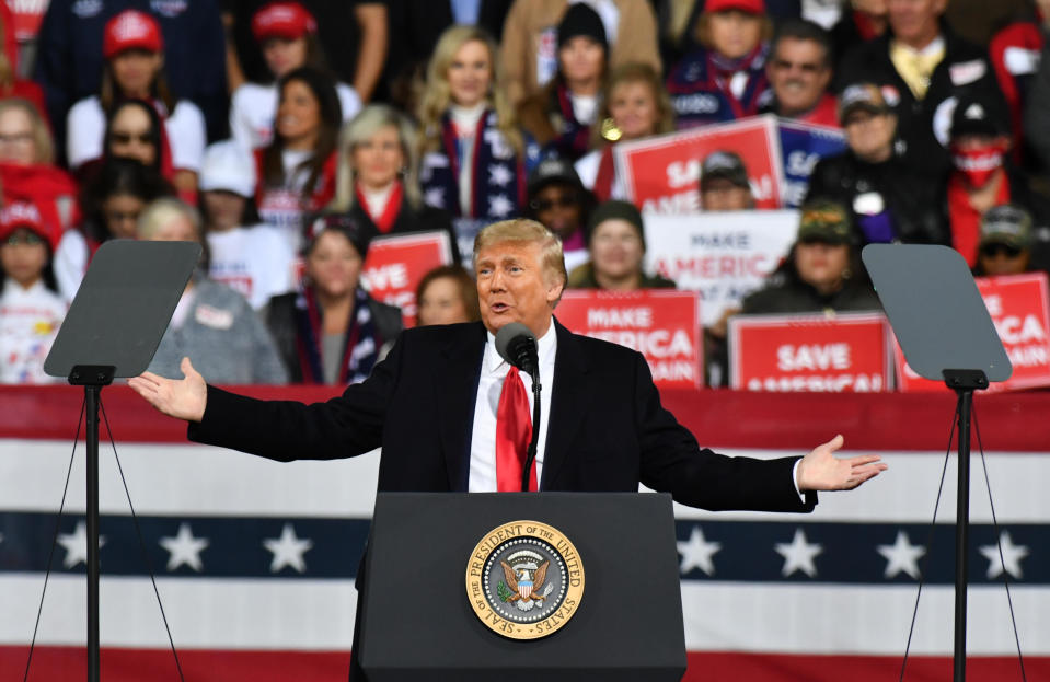 President Trump addresses the crowd at a rally with Senator David Perdue and Senator Kelly Loeffler in Valdosta, Georgia, on December 5, 2020. / Credit: Anadolu Agency via Getty Images