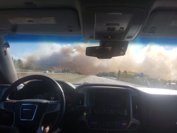 The wildfire near Marlboro, Alta., jumped Highway 16. (Stephanie Pollard/CBC News)