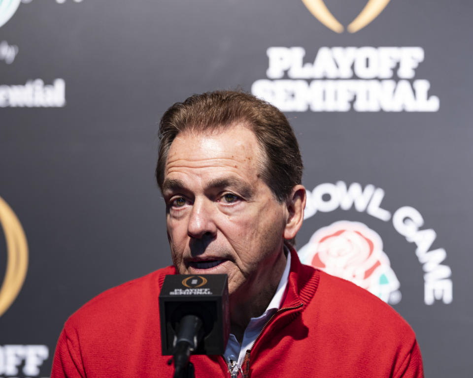 PASADENA, CA - DECEMBER 30: Head Coach Nick Saban of the Alabama Crimson Tide during media day at the Rose Bowl on December 30, 2023 in Pasadena, California. (Photo by Steve Limentani/ISI Photos/Getty Images)