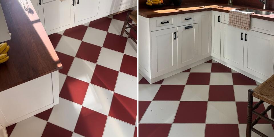 A kitchen with white and red tiles.